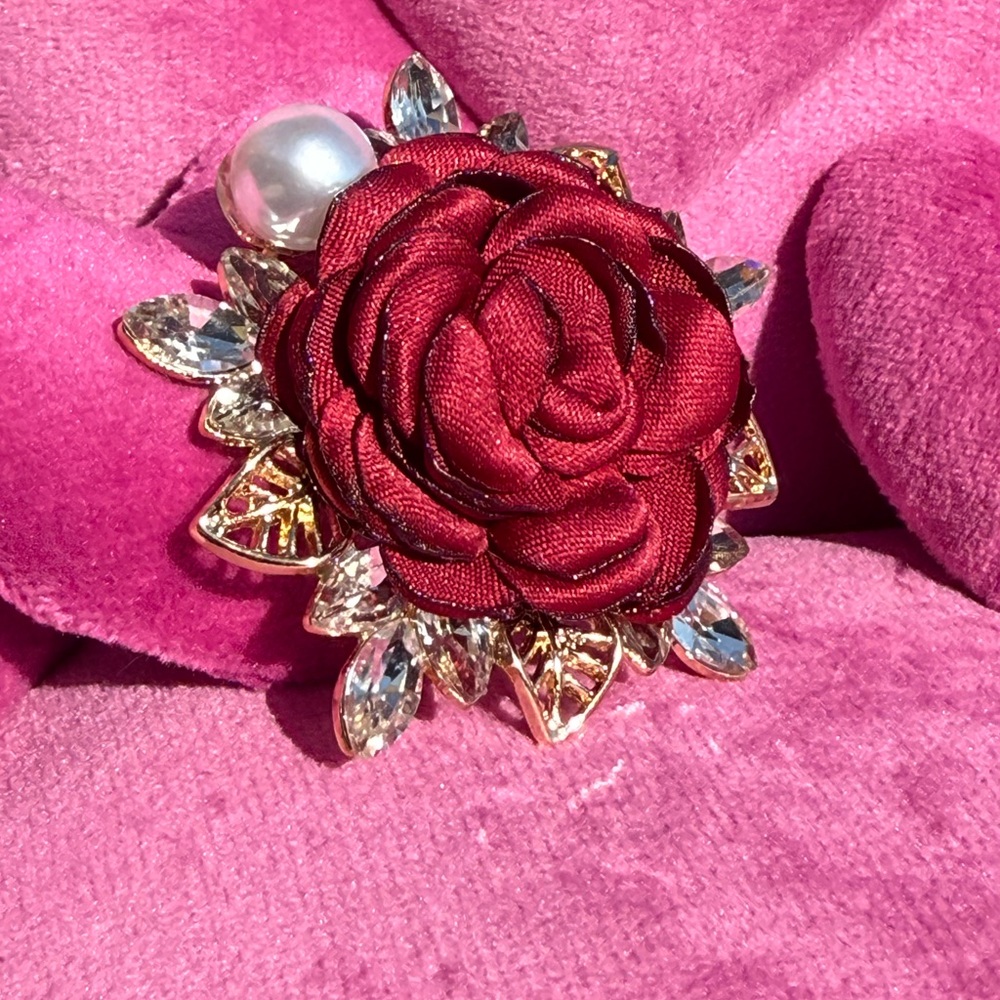 NWT! Red Rose Fabric with Crystals and Pearl Brooch